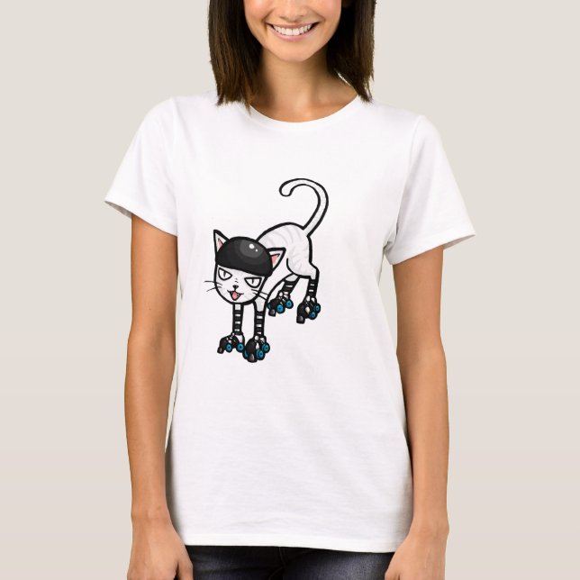 T-shirt Chat blanc sur des rollerskates (Devant)