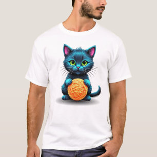 T-shirt Chat Bleu Adorable avec Pelote de Fils