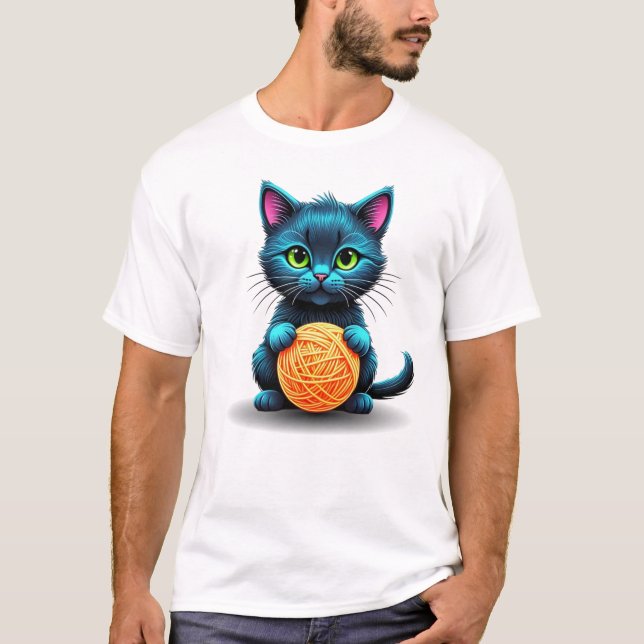 T-shirt Chat Bleu Adorable avec Pelote de Fils (Devant)