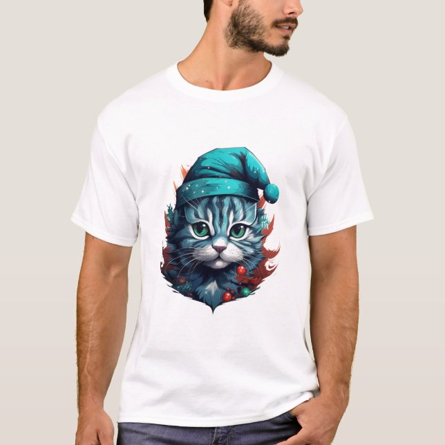T-shirt Chat bleu avec un casquette (Devant)