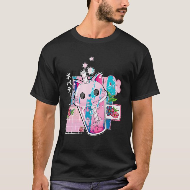 T-shirt Chat Boba Anime Bubble Tea Neko Girls Kawaii Girls (Devant)