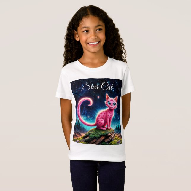 T-Shirt Chat brillant Whimsical, yeux bleu long queue art (Devant entier)