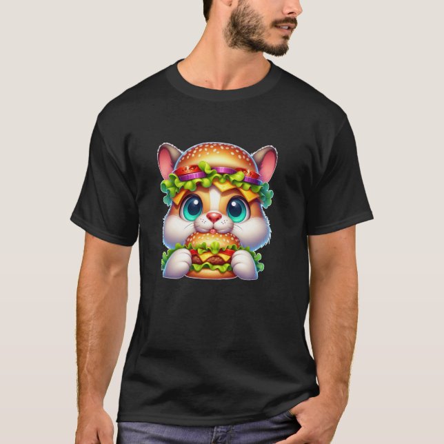T-shirt Chat Burger drôle avec un chapeau Cheeseburger (Devant)