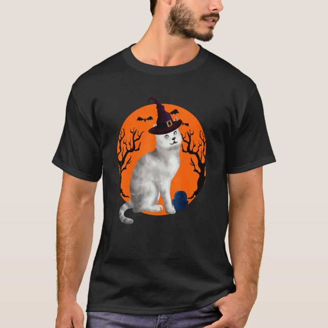 T-shirt Chat Burmilla Halloween sorcier Casquette et lune (Devant)
