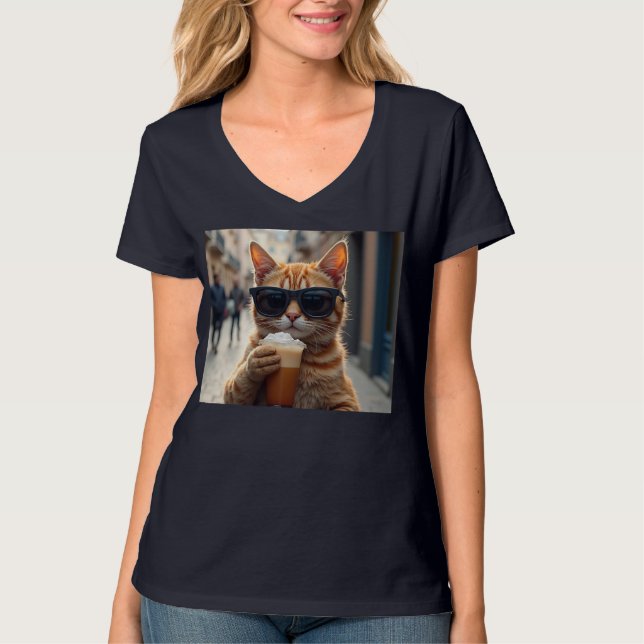 T-shirt Chat buvant du café dans une rue (Devant)