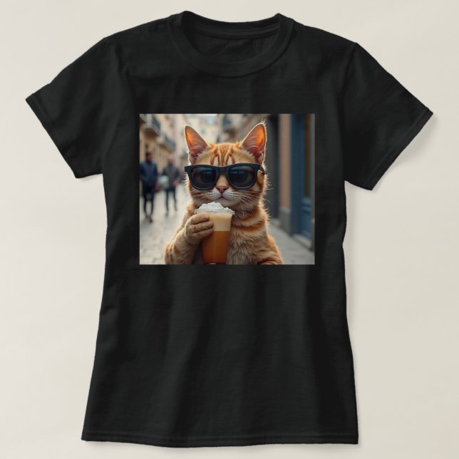 T-shirt Chat buvant du café dans une rue (Design devant)