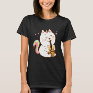 T-shirt Chat Buvant Un Thé Aux Perles Mignon Chat Licorne