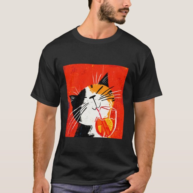 T-shirt chat Buvant une Boisson Orange de Manière Cool (Devant)