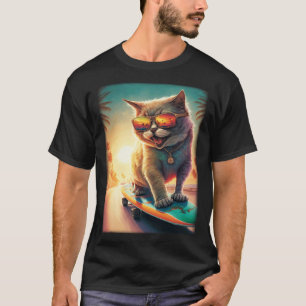 T-shirt Chat Ca Planche à Roulettes Rire Plage Chat Cool