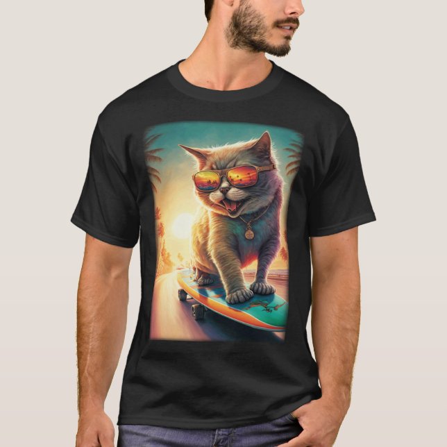 T-shirt Chat Ca Planche à Roulettes Rire Plage Chat Cool (Devant)