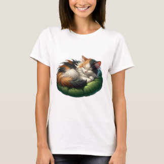T-shirt Chat Calico couché douillet sur un coussin vert do