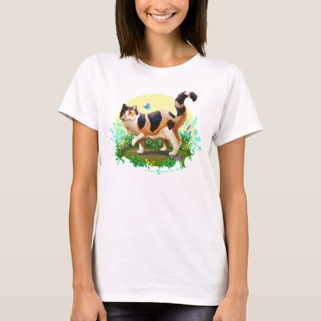 T-shirt Chat Calico Fluffy avec papillon (Devant)