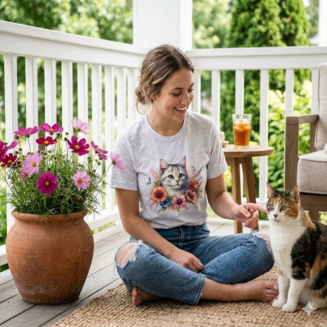 T-shirt Chat calicot à l'aquarelle & Fleurs de Cosmo | Cad (Créateur téléchargé)