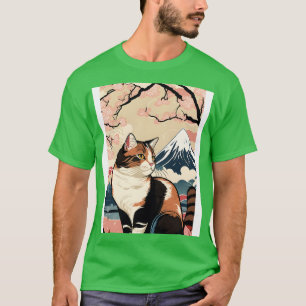T-shirt Chat Cerisier Blossom Mont Fuji dans un Japon Vint