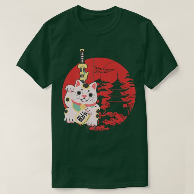 T-shirt Chat chanceux chinois avec épée samouraï en Chine  (Design devant)