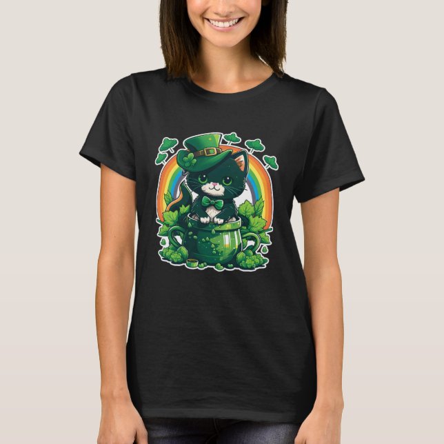 T-shirt Chat Chanceux et Pot Arc-en-ciel Trèfle St Patrick (Devant)