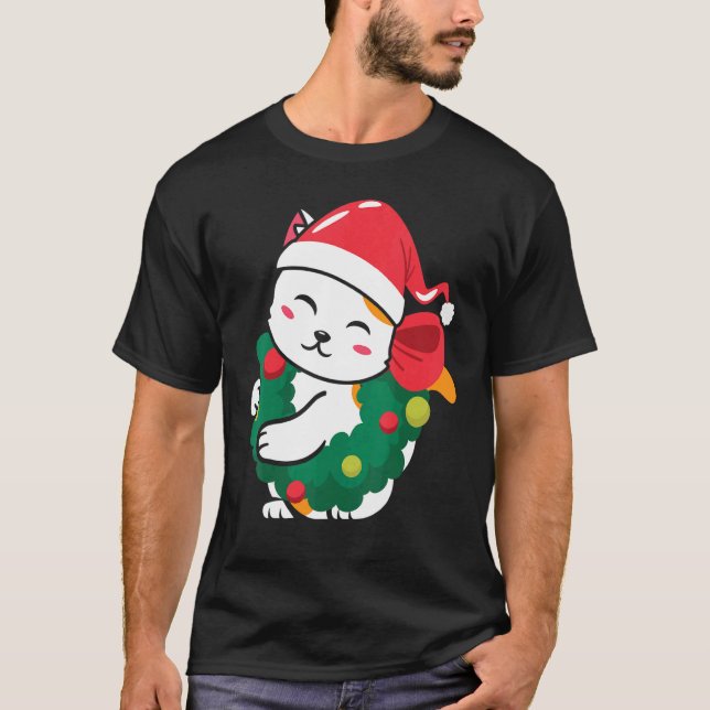 T-shirt Chat Chapeau de Père Noël Chat Mignon Pull de Noël (Devant)