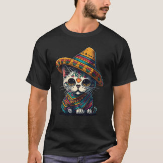 T-shirt Chat Chapeau Mexicain Crâne De Sucre Cinco De Mayo