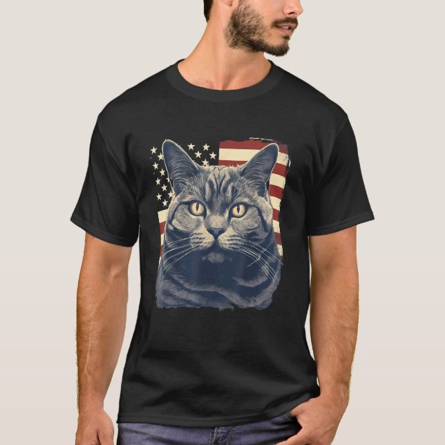 T-shirt Chat Chartreux Drapeau américain 4 juillet (Devant)