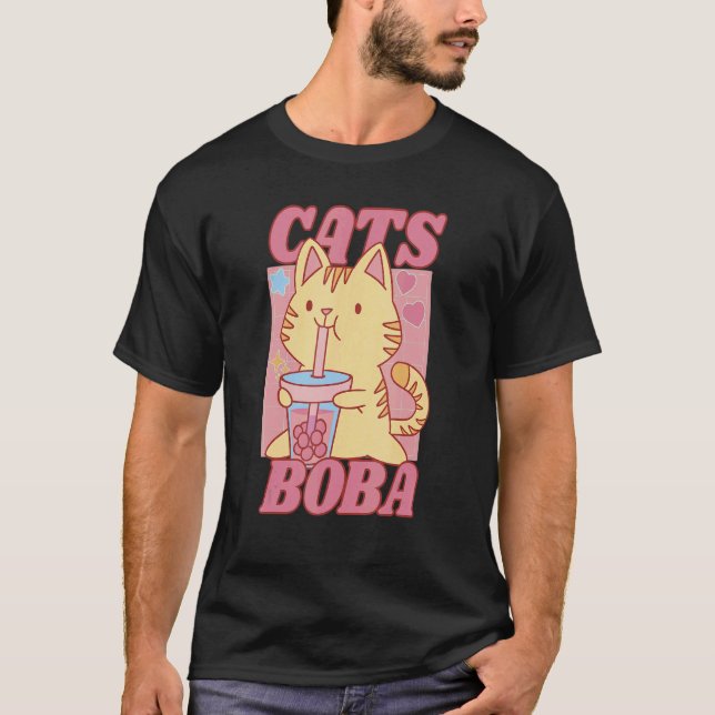 T-shirt Chat Chat Avec Bubbletea Boules De Boba Mignon Col (Devant)