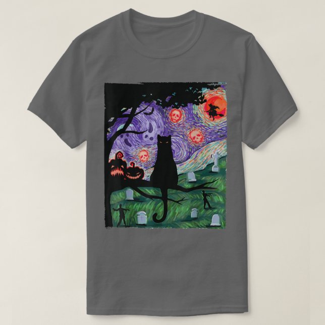 T-shirt Chat, Chat de nuit effrayant, Van Gogh, Halloween (Design devant)