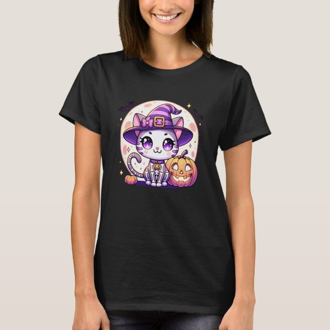 T-shirt Chat Chaton Squelette Sorcière Citrouille Jack o H (Devant)