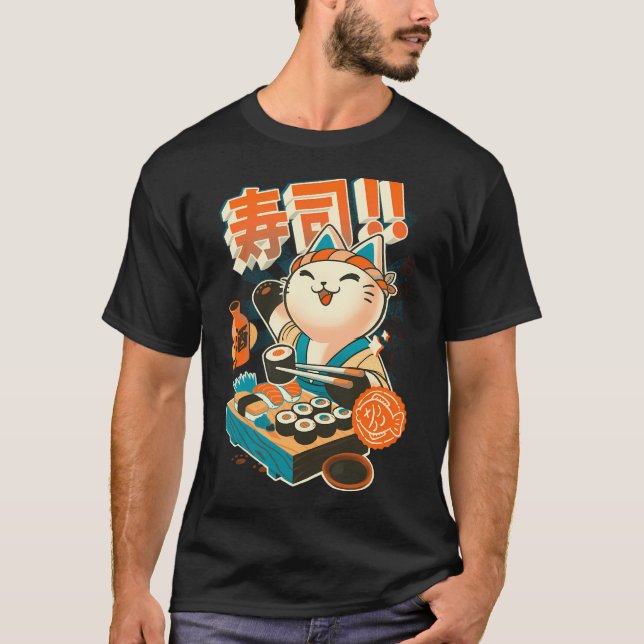 T-shirt Chat Chef Sushi - Drôle de Kitty de Restaurant - J (Devant)