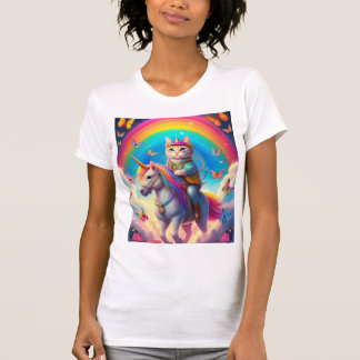 T-shirt Chat chevauchant une licorne avec des arcs-en-ciel
