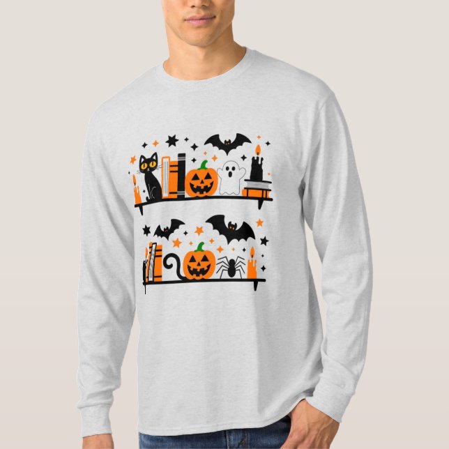 T-shirt Chat Citrouille Bat Spider Halloween Livre bougie (Devant)