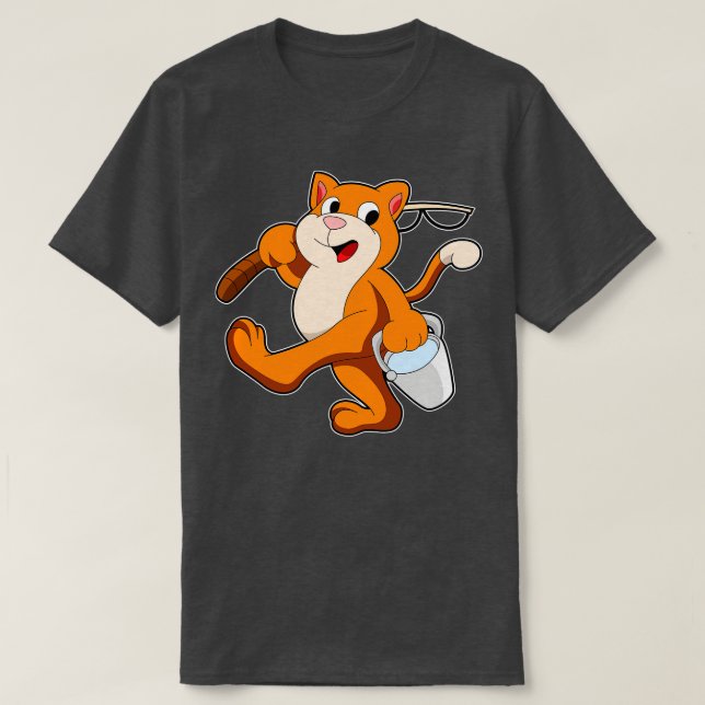 T-shirt Chat comme pêcheur avec canne de pêche Bucket d'ea (Design devant)