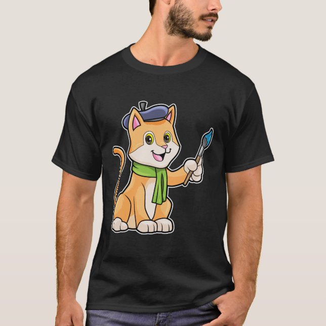 T-shirt Chat comme Peintre avec pinceau et écusson (Devant)