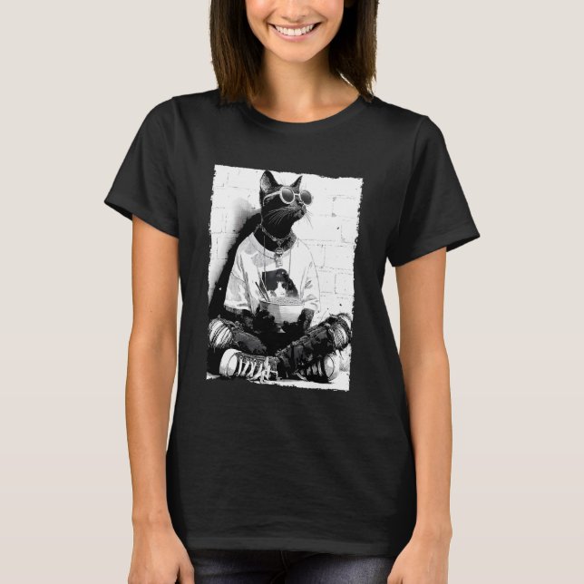T-shirt Chat Cool Anime Hipster Chat Mangeant Ramen Japona (Devant)