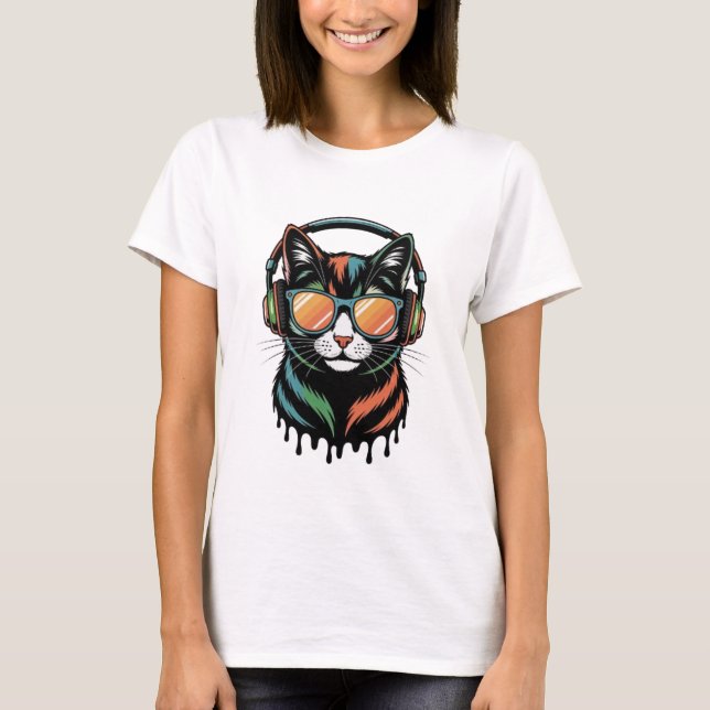 T-shirt Chat Cool avec Casque et Lunettes de Soleil (Devant)