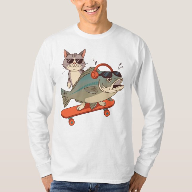T-shirt Chat cool et carpe sur skateboard (Devant)