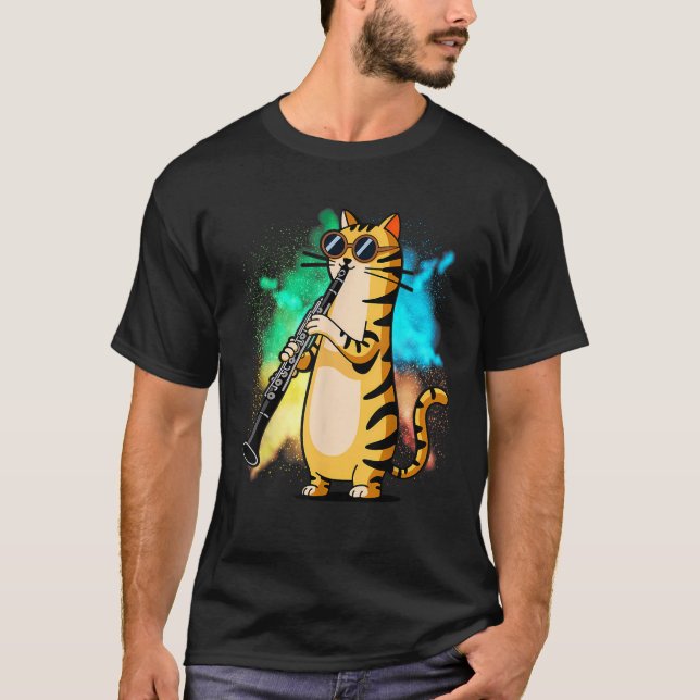 T-shirt Chat Cool Jouant De La Clarinette Design Hippy Hip (Devant)