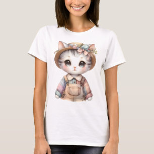 T-shirt Chat Cottagecore au look Pastel en Salopette & Cha