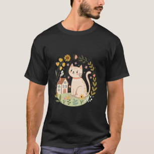 T-shirt Chat Cottagecore avec Fleurs Sauvages et Cabane Co
