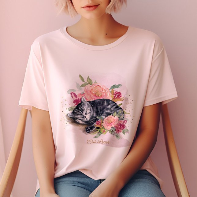 T-shirt Chat couché et Fleurs roses fille (Créateur téléchargé)