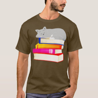 T-shirt Chat couché sur Livres Lecture Amoureux des chats