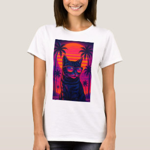 T-shirt Chat Coucher de soleil des années 80 rétro avec T-