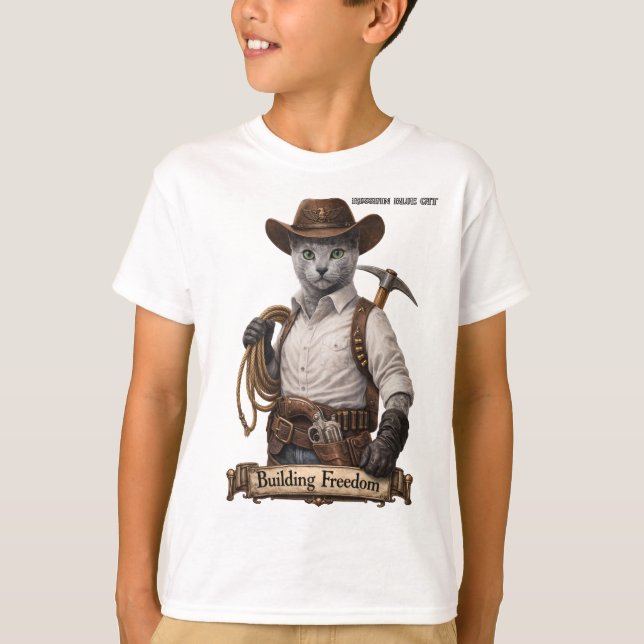 T-shirt Chat Cowboy Russian Blue – Construire la Liberté (Devant)
