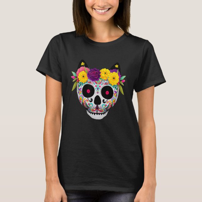 T-shirt Chat Crâne de Sucre avec Fleurs (Devant)