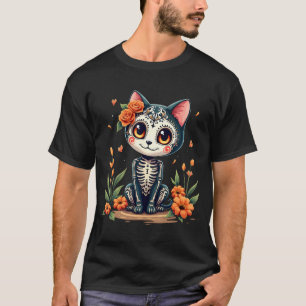 T-shirt Chat crâne de sucre coloré Tee Halloween mexicain