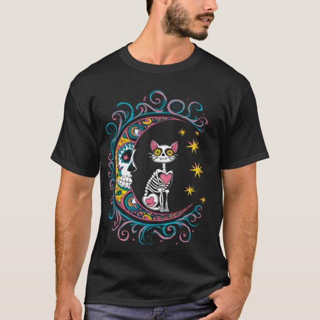 T-shirt Chat Crâne de Sucre Lune Halloween (Devant)