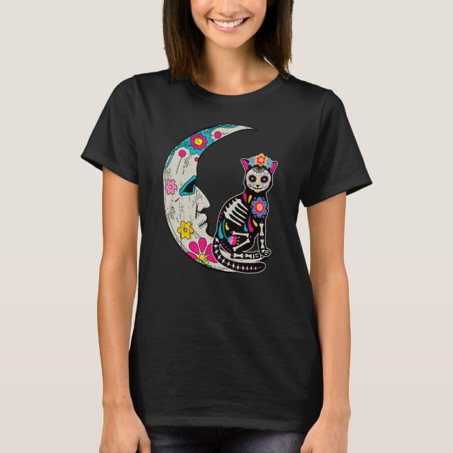 T-shirt Chat Crâne sucre Moon Dia De Los Muertos Mexicain  (Devant)