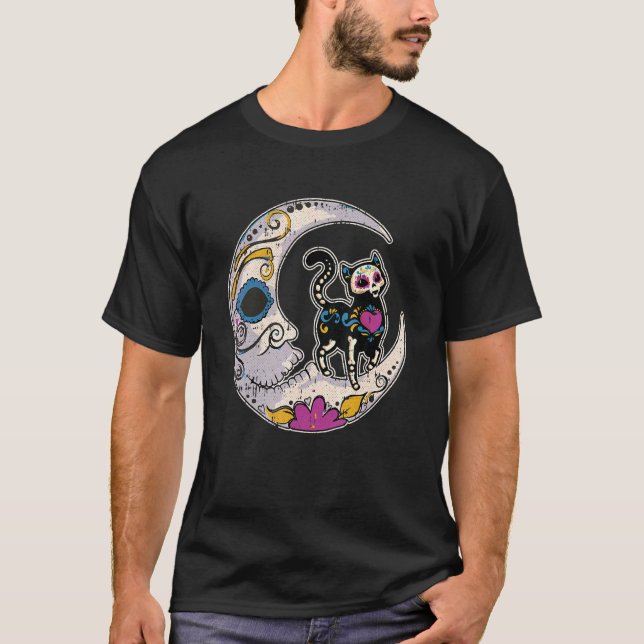 T-shirt Chat Crâne sucre Moon Dia De Los Muertos Mexicain  (Devant)