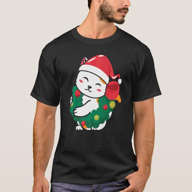 T-shirt Chat Cute Chat Santa Hat Chandail de Noël (Devant)
