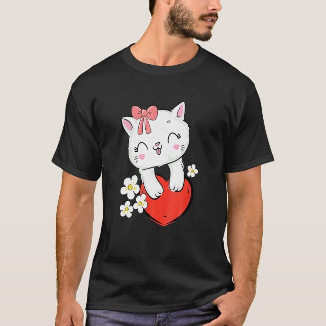 T-shirt Chat Cute Kitty Avec Bow Rose Et Chaton Coeur (Devant)
