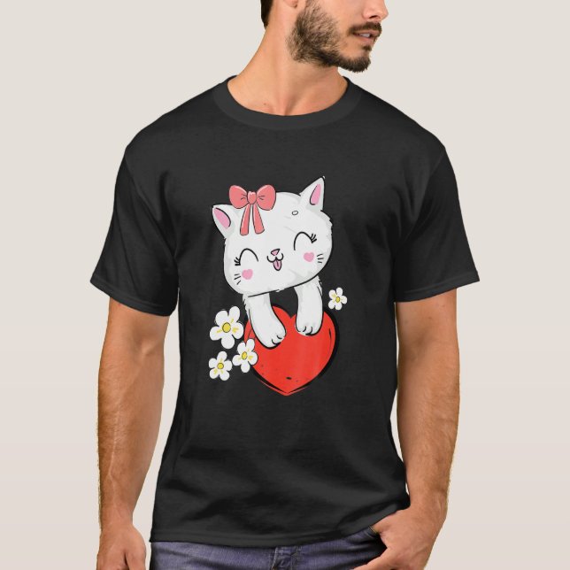 T-shirt Chat Cute Kitty Avec Bow Rose Et Chaton Coeur (Devant)