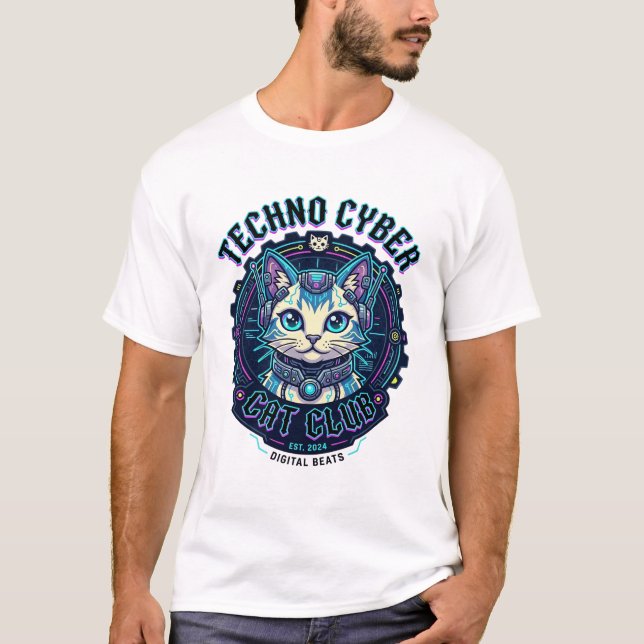T-shirt Chat Cyber Techno Drôle Conception Amateur de Chat (Devant)